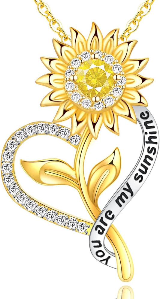 Sunflower Necklace for Women Gifts for Wife 18K Gold Plated 925 Sterling Silver You Are My Sunshine Necklaces Heart Pendant Jewelry for Mom on Mother’S Day Valentine'S Day Birthday Christmas Gift Her